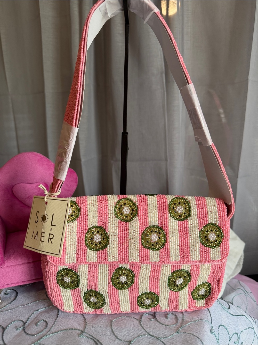 SOL de MER Pink Beaded Stripe Shoulder Bag with Green Kiwi 🥝 Accents